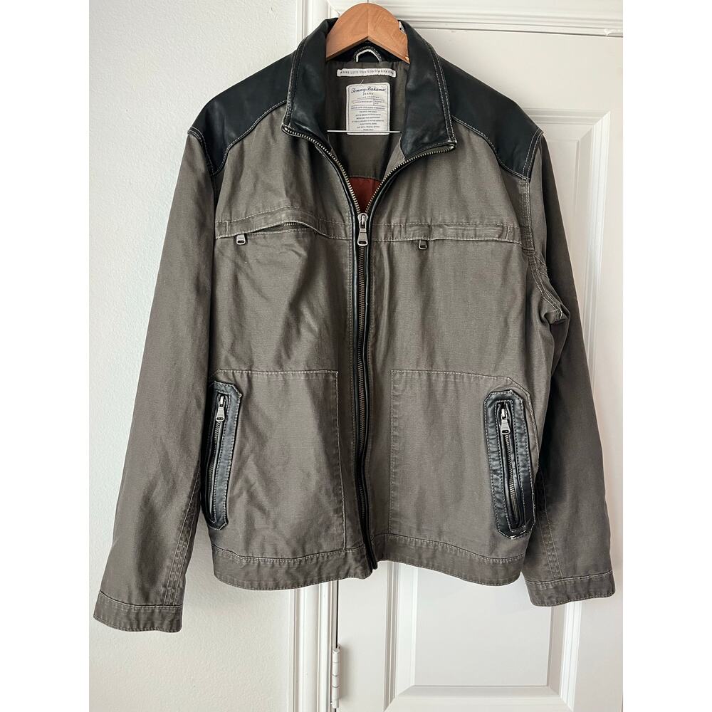 Tommy Bahama Mens XL Moto Canvas Jacket Black Leather Accents Zip Pockets Biker